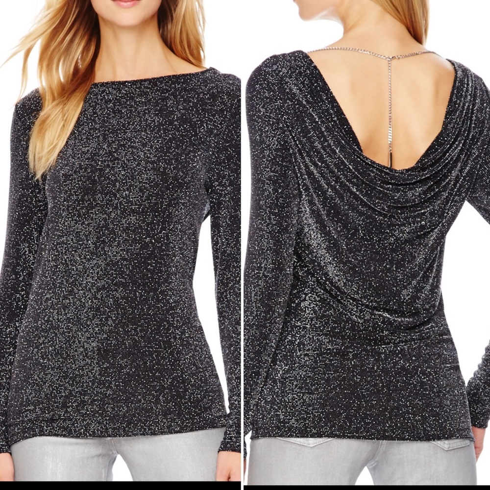 Michael Kors Metallic Black and Gold Chain Cowl Back Top